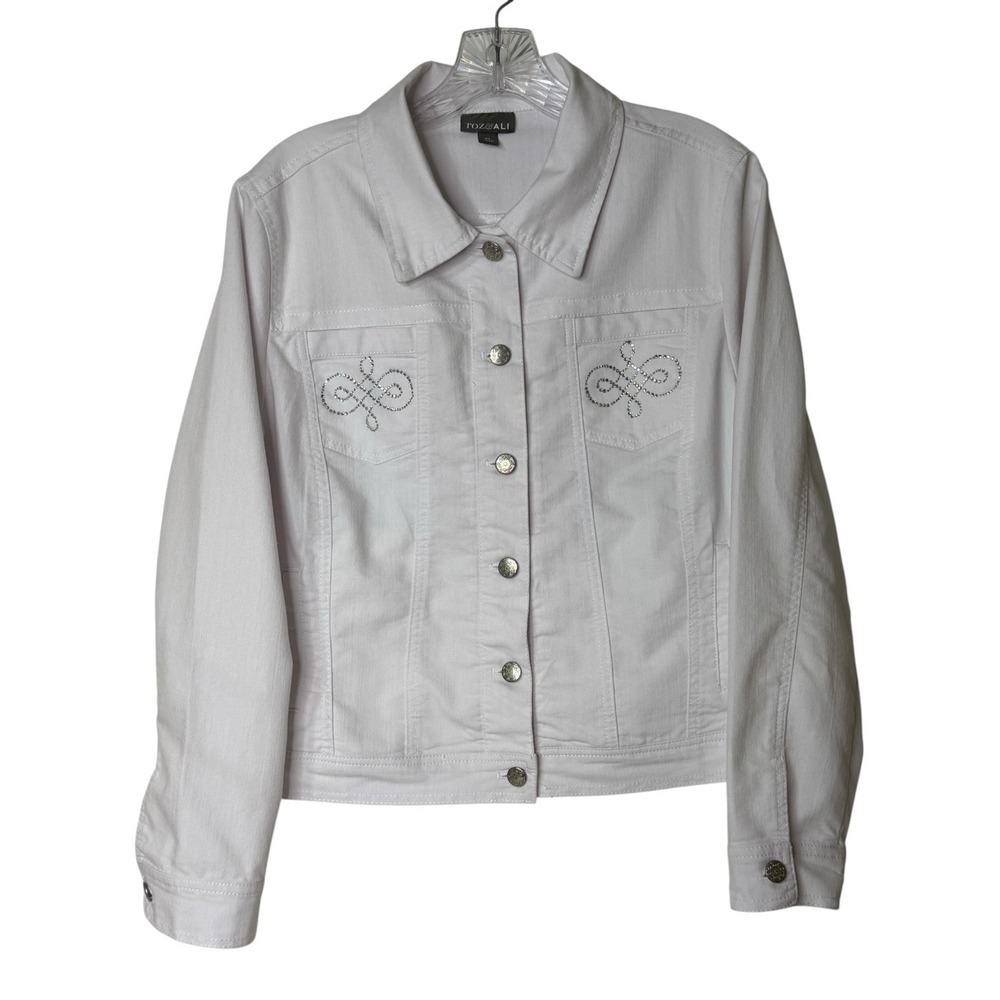 Roz & Ali White Button‎ Up Denim Bejeweled Cropped Jacket Women's XL